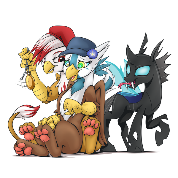 Size: 3070x3070 | Tagged: safe, artist:mysticalpha, derpibooru import, oc, oc:gina, oc:glory, changeling, gryphon, pony, hypnosis, image, pendulum swing, png, pocket watch