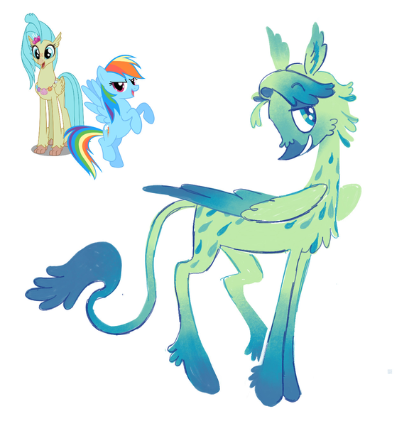 Size: 1302x1340 | Tagged: safe, artist:webkinzworldz, derpibooru import, part of a set, princess skystar, rainbow dash, oc, oc:spindrift, classical hippogriff, hippogriff, pony, my little pony: the movie, beak, blue tail, cheek fluff, chest fluff, coat markings, colored wings, colored wingtips, curly tail, dashstar, eyebrows, eyebrows visible through hair, female, folded wings, g4, gradient hair, gradient legs, gradient wings, green coat, green eyes, green feathers, image, interspecies offspring, large wings, leg fluff, leonine tail, lesbian, lidded eyes, long legs, looking back, magical lesbian spawn, next generation, offspring, parents:dashstar, png, profile, raised eyebrow, shipping, simple background, slender, smiling, socks (coat marking), spots, spotted, standing, tail, teal eyes, thin, thin legs, two toned wings, vector, white background, wingding eyes, wings