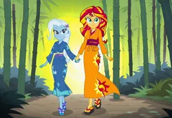 Size: 1216x832 | Tagged: safe, ai content, machine learning generated, prompter:tiamatnightmare, sunset shimmer, trixie, human, equestria girls, clothes, female, forest, humanized, image, jpeg, kimono (clothing), lesbian, shipping, suntrix, tree