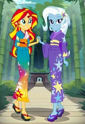 Size: 832x1216 | Tagged: safe, ai content, machine learning generated, prompter:tiamatnightmare, sunset shimmer, trixie, human, equestria girls, clothes, female, forest, humanized, image, jpeg, kimono (clothing), lesbian, shipping, suntrix, tree