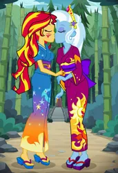 Size: 832x1216 | Tagged: safe, ai content, machine learning generated, prompter:tiamatnightmare, sunset shimmer, trixie, human, equestria girls, clothes, female, forest, humanized, image, jpeg, kimono (clothing), lesbian, shipping, suntrix, tree