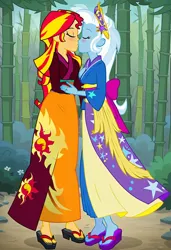 Size: 832x1216 | Tagged: safe, ai content, machine learning generated, prompter:tiamatnightmare, sunset shimmer, trixie, human, equestria girls, clothes, female, forest, humanized, image, jpeg, kimono (clothing), lesbian, shipping, suntrix, tree