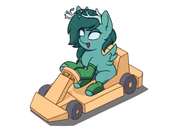 Size: 2800x2100 | Tagged: safe, artist:zeroonesunray, derpibooru import, oc, oc:river styx, unofficial characters only, deer, deer pony, original species, peryton, pony, blank eyes, cardboard, clothes, commission, female, go kart, go-kart, image, leaf, leg warmers, mare, mushroom, open mouth, png, simple background, solo, spread wings, transparent background, vehicle, wings, ych result