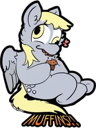 Size: 1620x2160 | Tagged: safe, artist:felixmcfurry, derpibooru import, derpy hooves, pegasus, :p, exclamation point, female, food, image, interrobang, muffin, png, question mark, simple background, solo, solo female, text, that pony sure does love muffins, tongue out, transparent background