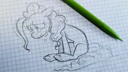 Size: 2048x1152 | Tagged: safe, artist:imalou, derpibooru import, pinkie pie, earth pony, pony, crying, female, g4, image, jpeg, mare, paper, pencil, pencil drawing, photo, sad, sitting, sketch, solo, teary eyes, traditional art
