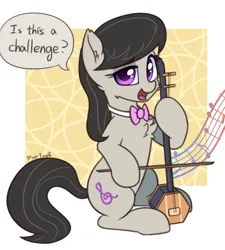 Size: 1642x1827 | Tagged: safe, artist:puetsua, derpibooru import, octavia melody, earth pony, pony, bowtie, cheek fluff, chest fluff, cute, ear fluff, erhu, female, g4, image, looking at you, mare, music notes, musical instrument, octavia's bowtie, open mouth, open smile, png, smiling, smiling at you, solo, speech bubble, tail, tavibetes