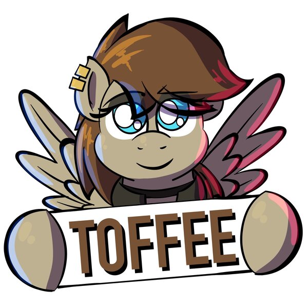 Size: 1920x1920 | Tagged: safe, artist:ashtoneer, derpibooru import, oc, oc:toffee scotch, pegasus, pony, bust, eye clipping through hair, eyebrows, eyebrows visible through hair, female, hoof hold, image, jpeg, lidded eyes, looking at you, mare, rule 63, sign, simple background, smiling, smiling at you, solo, spread wings, white background, wings