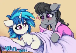 Size: 900x628 | Tagged: safe, artist:zeepheru_pone, artist:zeepherupone, derpibooru import, octavia melody, vinyl scratch, earth pony, pony, unicorn, atg 2023, blanket, blushing, chest fluff, duo, duo female, ear fluff, female, g4, heart, heart eyes, horn, image, lesbian, looking at each other, looking at someone, lying down, mare, newbie artist training grounds, pillow, png, scratchtavia, shipping, simple background, smiling, wingding eyes