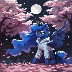 Size: 2048x2048 | Tagged: safe, ai content, derpibooru import, machine learning generated, prompter:liladash, stable diffusion, princess luna, alicorn, pony, cherry blossoms, clothes, crown, female, flower, flower blossom, full moon, g4, generator:pony diffusion v6 xl, hoodie, horn, image, jewelry, looking down, mare, moon, night, png, regalia, sitting, solo, wings