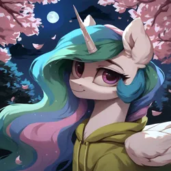 Size: 2048x2048 | Tagged: safe, ai content, derpibooru import, machine learning generated, prompter:liladash, stable diffusion, princess celestia, alicorn, pony, cherry blossoms, close-up, clothes, ear fluff, female, flower, flower blossom, full moon, g4, generator:pony diffusion v6 xl, hoodie, horn, image, looking at you, mare, moon, night, png, wings