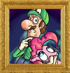 Size: 1303x1348 | Tagged: safe, derpibooru import, pinkie pie, human, pony, drool, image, luigi, mama luigi, plumber, png, retarded, super mario bros.