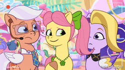 Size: 600x338 | Tagged: safe, derpibooru import, screencap, dazzle feather, posey (g5), earth pony, pegasus, pony, g5, my little pony: tell your tale, spoiler:g5, spoiler:my little pony: tell your tale, spoiler:tyts02e13, animated, boardtrot, gif, image, p + p = bffs, skye silver