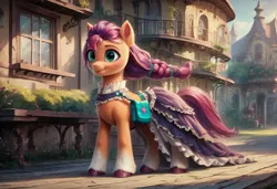Size: 1216x832 | Tagged: safe, ai content, derpibooru import, generator:autismmixpony, machine learning generated, prompter:kluknawa235, stable diffusion, sunny starscout, g5, bag, braid, building, clothes, dress, frilly dress, image, jpeg, outdoors, sky, smiling, solo, standing, victorian