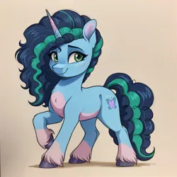 Size: 1536x1536 | Tagged: safe, ai content, derpibooru import, generator:autismmixconfetti, machine learning generated, pony, unicorn, g5, female, freckles, horn, image, jpeg, looking at you, mare, misty brightdawn, prompter:siber, raised hoof, simple background, smiling, smiling at you, solo, standing