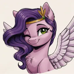 Size: 1536x1536 | Tagged: safe, ai content, derpibooru import, generator:autismmixconfetti, machine learning generated, pipp petals, pegasus, pony, g5, adorapipp, bust, cute, female, image, jewelry, jpeg, looking at you, mare, one eye closed, prompter:siber, simple background, smiling, smiling at you, solo, spread wings, tiara, white background, wings, wink