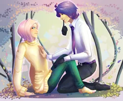 Size: 1930x1586 | Tagged: safe, artist:natanatfan, derpibooru import, fluttershy, rarity, human, butterscotch, cherry blossoms, clothes, elusive, female, flarity, flower, flower blossom, g4, gay, gloves, hand on chest, humanized, image, kneeling, lesbian, lip bite, looking sideways, male, mouth hold, necktie, png, rule 63, ship:buttersive, shipping, sitting, socks, sweater