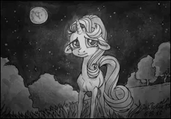 Size: 997x694 | Tagged: safe, artist:natanatfan, derpibooru import, starlight glimmer, pony, unicorn, female, floppy ears, grayscale, horn, image, inktober, inktober 2016, mare, monochrome, moon, night, png, sad, solo, teary eyes, traditional art