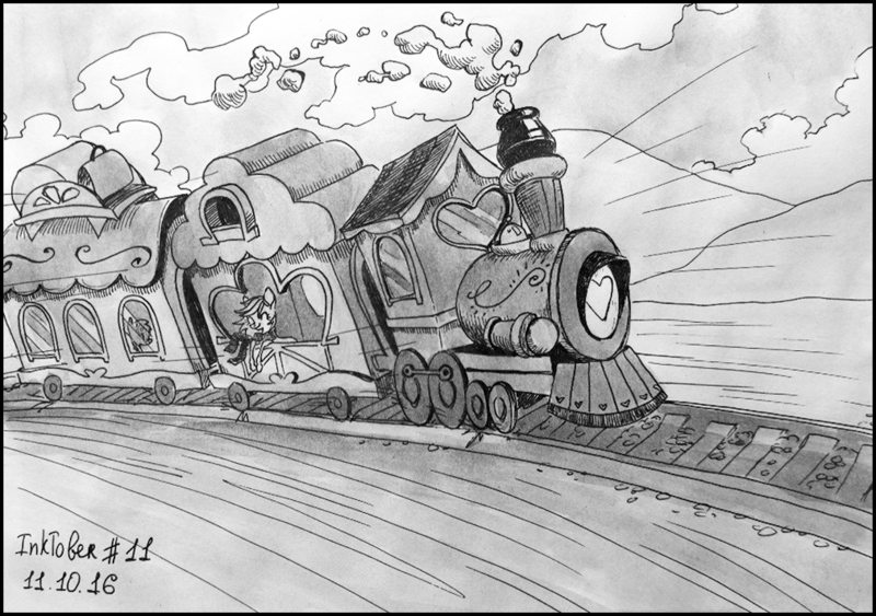 Size: 1011x712 | Tagged: safe, artist:natanatfan, derpibooru import, oc, oc:salute, unofficial characters only, earth pony, pony, clothes, friendship express, grayscale, image, inktober, inktober 2016, locomotive, monochrome, png, scarf, steam locomotive, traditional art, train