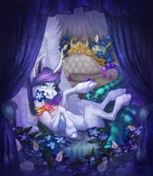 Size: 2160x2477 | Tagged: safe, artist:natanatfan, derpibooru import, oc, oc:netori, unofficial characters only, alicorn, pony, alicorn oc, bed, belly, curtains, curved horn, flower, flower in mouth, grin, high res, horn, image, jewelry, looking at you, lying down, male, mouth hold, on back, png, smiling, stallion, tentacles, thin, unshorn fetlocks, wings