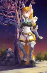 Size: 2208x3408 | Tagged: safe, artist:natanatfan, derpibooru import, oc, unofficial characters only, anthro, bird, unguligrade anthro, unicorn, blonde mane, female, high res, horn, image, kirin armor, monster hunter, png, solo, tree