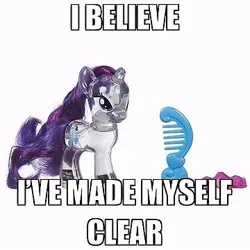 Size: 360x360 | Tagged: safe, derpibooru import, editor:a1opias, rarity, pony, unicorn, brushable, caption, comb, cutie mark magic, female, g4, horn, i've made myself clear, image, irl, jewelry, jpeg, meme, photo, snow globe, snowglobe pony, solo, text, toy, water cuties