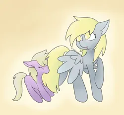 Size: 3598x3346 | Tagged: safe, artist:tkshoelace, derpibooru import, derpy hooves, dinky hooves, pegasus, pony, unicorn, duo, duo female, female, floppy ears, g4, horn, image, mother and child, mother and daughter, png, simple background, spread wings, wings, wings down