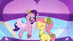 Size: 480x270 | Tagged: safe, derpibooru import, screencap, pipp petals, posey (g5), earth pony, pegasus, pony, g5, my little pony: tell your tale, spoiler:g5, spoiler:my little pony: tell your tale, spoiler:tyts02e13, animated, duo, duo female, female, gif, image, mare, p + p = bffs