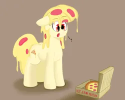 Size: 2500x2000 | Tagged: safe, artist:kenzie, derpibooru import, oc, oc:mozzarella orgy, ponified, unofficial characters only, food pony, original species, pizza pony, pony, :p, bait, brown background, confused, confusion, eyebrows, eyebrows visible through hair, female, finished version, floppy ears, food, image, looking at something, mare, meat, peetzer, pepperoni, pepperoni pizza, pizza, pizza box, png, question mark, raised eyebrow, simple background, solo, temptation, tongue out