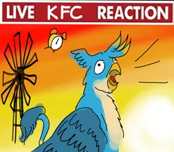 Size: 3200x2800 | Tagged: safe, artist:horsesplease, derpibooru import, gallus, alarm clock, clock, crowing, gallus the rooster, image, implied smolder, kentucky fried gallus, kfc, live reaction, meme, morning, png, that griffon sure does love kfc, windmill