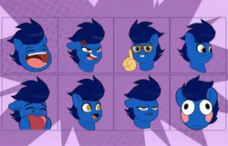 Size: 3600x2324 | Tagged: safe, artist:joaothejohn, derpibooru import, oc, oc:deevfactor, earth pony, pony, blushing, commission, cute, earth pony oc, emoji, emotes, expressions, glasses, heart, image, jpeg, laughing, lidded eyes, meme, open mouth, poggers, shy, simple background, smiling, solo, text, your character here