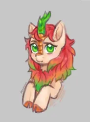 Size: 796x1082 | Tagged: safe, artist:moewwur, artist:rin-mandarin, derpibooru import, oc, oc:chise, unofficial characters only, kirin, bust, doodle, gray background, green eyes, horn, image, light skin, looking at you, male, png, red mane, simple background, solo