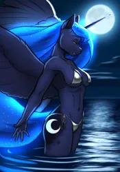 Size: 2800x4000 | Tagged: suggestive, alternate version, artist:mykegreywolf, derpibooru import, princess luna, alicorn, anthro, 2d, belly button, bikini, bikini bottom, bikini top, blue eyes, blue mane, blue tail, breasts, clothes, cloud, crepuscular rays, ethereal mane, ethereal tail, feather, female, flowing mane, flowing tail, g4, gradient mane, horn, image, lidded eyes, looking down, moon, moonlight, night, ocean, outdoors, partially submerged, png, reasonably sized breasts, side-tie bikini, sky, sleeveless, solo, spread arms, spread wings, starry mane, starry tail, swimsuit, tail, underboob, water, wings