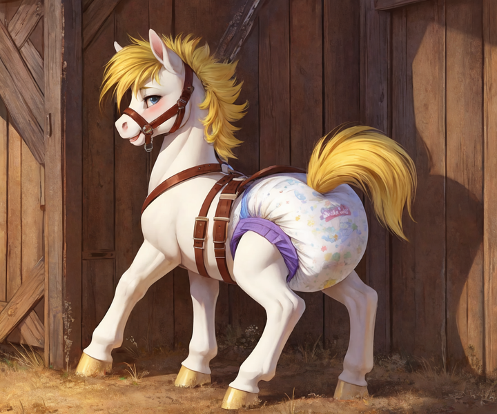 Size: 1536x1280 | Tagged: questionable, ai content, alternate version, derpibooru import, machine learning generated, unnamed character, unnamed pony, oc, unnamed oc, unofficial characters only, earth pony, pony, ambiguous gender, barn, bdsm, blue eyes, bridle, chastity, clean diaper, detailed background, diaper, diaper fetish, diaper slave, farm, fetish, halter, hay, hooves, image, indoors, non-baby in diaper, png, short tail, solo, stable, submissive, tack, tail, white coat, white diaper, yellow mane, yellow tail