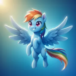 Size: 1920x1920 | Tagged: safe, ai content, derpibooru import, generator:bluefox mix, machine learning generated, prompter:adorablebluefox, stable diffusion, rainbow dash, pegasus, pony, :d, chest fluff, ear fluff, ears up, excited, female, flying, g4, gradient background, happy, image, mare, open mouth, open smile, png, smiling, solo, spread wings, wings