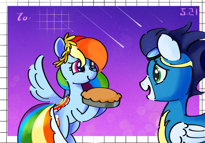 Size: 2388x1668 | Tagged: safe, artist:edgillock, derpibooru import, rainbow dash, soarin', alternate hairstyle, clothes, dress, female, food, g4, gala dress, gown, image, male, pie, png, rainbow dash's first gala dress, shipping, simple background, soarindash, straight, that pony sure does love pies, uniform, wonderbolts uniform