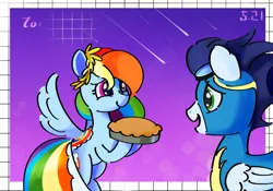 Size: 2388x1668 | Tagged: safe, artist:edgillock, derpibooru import, rainbow dash, soarin', alternate hairstyle, clothes, dress, female, food, g4, gala dress, gown, image, male, pie, png, rainbow dash's first gala dress, shipping, simple background, soarindash, straight, that pony sure does love pies, uniform, wonderbolts uniform