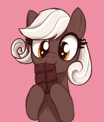 Size: 600x700 | Tagged: safe, artist:szafir87, artist:t72b, derpibooru import, oc, oc:savory truffle, unofficial characters only, earth pony, pony, animated, chocolate, cute, eating, female, food, gif, hoof hold, image, mare, nom, ocbetes, pink background, simple background, solo, szafir87 is trying to murder us, t72b is trying to murder us, weapons-grade cute
