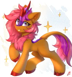 Size: 6524x6926 | Tagged: safe, artist:lunylin, derpibooru import, oc, oc:arcane spark, unofficial characters only, kirin, abstract background, cloven hooves, commission, ear fluff, female, image, leonine tail, png, simple background, solo, sparkles, tail, wingding eyes, ych result
