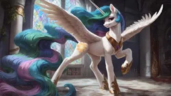 Size: 1920x1080 | Tagged: safe, ai content, derpibooru import, machine learning generated, prompter:truekry, stable diffusion, princess celestia, alicorn, pony, canterlot castle, female, full body, g4, generator:pony diffusion v6 xl, horn, image, indoors, looking at you, mare, png, pose, smiling, smiling at you, solo, spread wings, stained glass, wings