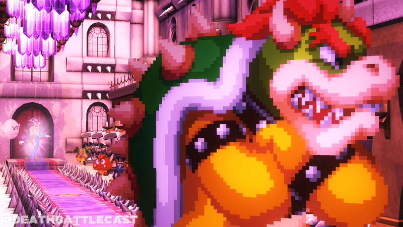 Size: 3463x1948 | Tagged: safe, artist:cfandknuckles, derpibooru import, discord, draconequus, 3d, bowser, castle, clothes, cosplay, costume, crossover, death battle, digital art, exploitable meme, fan made, g4, goomba, image, mario, meme, pixel art, png, super mario bros., versus