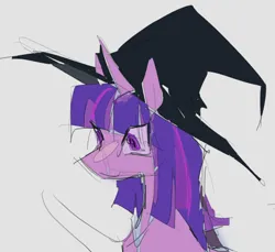 Size: 476x436 | Tagged: safe, artist:arkelyon, derpibooru import, twilight sparkle, pony, unicorn, bust, gray background, hat, horn, image, png, simple background, sketch, smiling, solo, witch hat