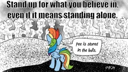 Size: 1200x675 | Tagged: safe, artist:pony-berserker, derpibooru import, rainbow dash, unnamed character, unnamed pony, pony, blank ponies, crowd, image, meme, motivational poster, pee is stored in the balls, png, pony-berserker's twitter sketches, pony-berserker's twitter sketches (2024), pseudomotivational, rainbow dash is a goddamn moron