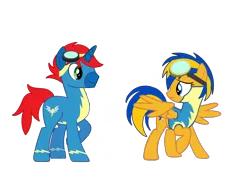 Size: 2048x1536 | Tagged: safe, artist:ry-bluepony1, derpibooru import, oc, oc:flare spark, oc:train track, unofficial characters only, pegasus, pony, unicorn, clothes, duo, female, g4, goggles, goggles on head, horn, image, male, non-pegasus wonderbolt, png, simple background, uniform, wings, wonderbolt trainee uniform, wonderbolts, wonderbolts uniform