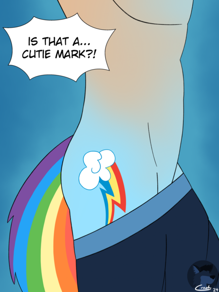 Size: 1662x2217 | Tagged: safe, artist:3waycrash, derpibooru import, rainbow dash, human, pegasus, pony, blue background, clothes, cutie mark, exclamation point, g4, gradient background, human to pony, image, interrobang, mid-transformation, pants, png, question mark, rule 63, simple background, solo, speech bubble, tail, transformation, transgender transformation