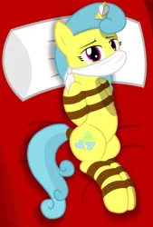 Size: 2900x4300 | Tagged: safe, alternate version, artist:cardshark777, derpibooru import, lemon hearts, pony, unicorn, bed, bed sheets, bondage, bound and gagged, cloth gag, female, femsub, g4, gag, heart, helpless, hooves behind back, horn, horn ring, image, jewelry, lidded eyes, looking at you, lying down, magic suppression, mare, over the nose gag, pillow, png, restrained, ring, rope, rope bondage, smiling, solo, submissive, tied up