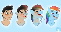 Size: 1280x670 | Tagged: safe, artist:3waycrash, derpibooru import, rainbow dash, human, pegasus, pony, blue background, blushing, bust, g4, glasses, gradient background, human to pony, image, jpeg, male to female, portrait, rule 63, simple background, smiling, smirk, transformation, transformation sequence, transgender transformation