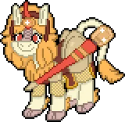 Size: 640x624 | Tagged: safe, artist:bloonacorn, derpibooru import, oc, oc:gloria graces, kirin, digital art, image, kirin oc, lance, leonine tail, magic, pixel art, png, simple background, solo, tail, telekinesis, transparent background, weapon