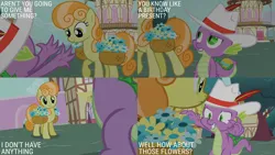 Size: 2000x1125 | Tagged: safe, derpibooru import, edit, edited screencap, editor:quoterific, screencap, junebug, spike, dragon, earth pony, pony, season 2, secret of my excess, caption, duo, duo male and female, female, flower, g4, image, male, png, text