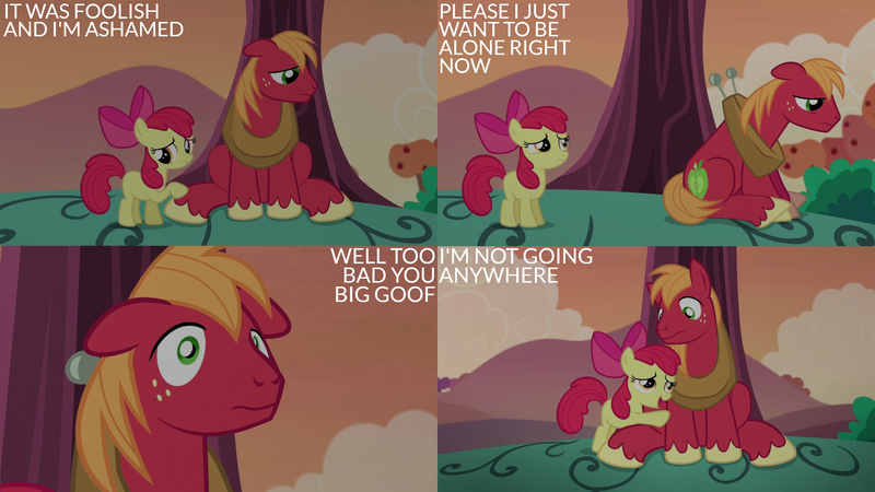 Size: 2000x1125 | Tagged: safe, derpibooru import, edit, edited screencap, editor:quoterific, screencap, apple bloom, big macintosh, earth pony, pony, brotherhooves social, brother and sister, caption, female, filly, foal, g4, image, male, png, sad, siblings, stallion, text