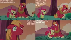 Size: 2000x1125 | Tagged: safe, derpibooru import, edit, edited screencap, editor:quoterific, screencap, apple bloom, big macintosh, earth pony, pony, brotherhooves social, brother and sister, caption, female, filly, foal, g4, image, male, png, sad, siblings, stallion, text